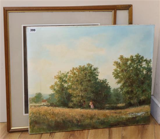 S.A. Neal, oil on canvas, Figures picking berries in summertime, signed, 51 x 61cm, unframed